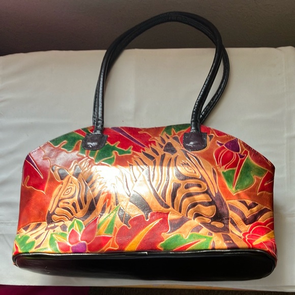 Vintage Tooled Leather Zebras Burgundy Red & Black Tote - Picture 1 of 5